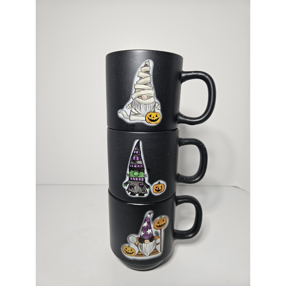 Cobwebs & Cauldrons Halloween Spooky Gnome Stacking Mugs Black Set of 3 Ceramic